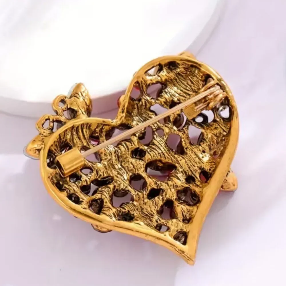 NWT Red Rhinestone Crystal Heart Butterfly Brooch Vintage Gold Tone Statement